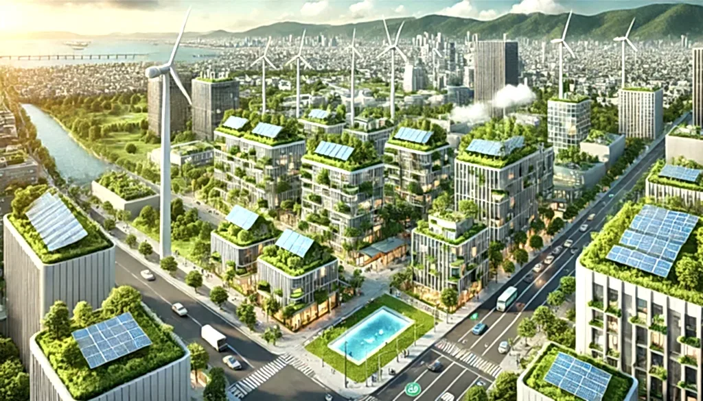 a city with buildings and windmills